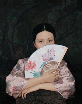 中国 Painting - 春とファン WYD 中国の女の子